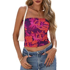 PRETTYGARDEN Strapless Tube Tops for Women 2025 Summer Mesh Floral Y2K Bandeau Cute Crop Top Trendy Going Out Outfits