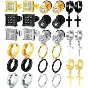 15 Pairs Earrings Set for Men and Women, Black Silver 14K Gold Plated Earrings Stud Kit 5 Pairs of Each Fashion Ear Piercing Jewelry Cross Dangle Hoop Earrings Set
