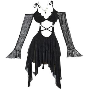 Meowcos Women's Gothic Camisole Dress A-Line Goth Dress Spider Web Gattern Midriff Cut Out Dress