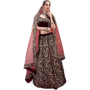 TRENDMALLS Women's Velvet Embroidery Lehenga Choli with Net Dupatta (L253-Maroon-Semi-Stitch)
