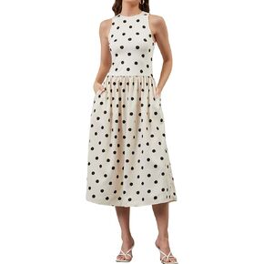 Women Summer Sleeveless Midi Dress Casual High Neck Patchwork Tank Sundress Boho Flowy A Line Dress with Pockets