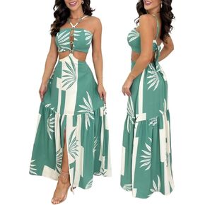 CHICME Women's Floral Print Summer Dresses Halter Sleeveless Beach Maxi Dress Casual Waist Cutout Split A Line Sundress