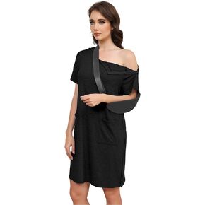 Fififilip Women's Post Shoulder Surgery Tear Away Dress Short Sleeve Full Open Side Snap Adaptive Clothing with Pockets