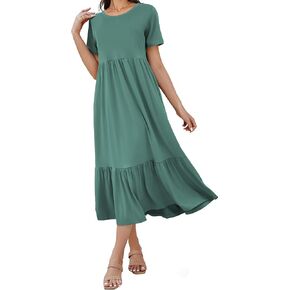 نساء 2025 الصيف قصير الأكمام من طاقم الرقبة اللباس اللباس المتساقط متدرج ماكسي شاطئ sundress مع جيوب