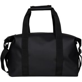 Rains Hilo Weekend Bag Small - Black Waterproof Travel Duffel for Men and Women - Duffle Black Duffle مع zip المطلية ، حزام قابل للتعديل ، أحزمة ضغط - ضمان لمدة عامين