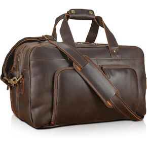 Polare 18" Full Grain Leather Luggage Airlines Personal Item Bag Business Carry On Suitcase Weekender Overnight Travel Duffel Bag for Men (Dark Brown-18.5")