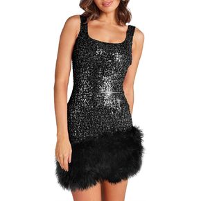 Wenrine Womens Sparkly Sequin Dress Bodycon Square Neck Fur Club Party Mini Dresses