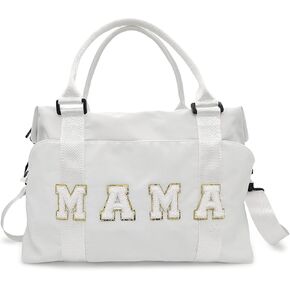 Chenille Letter Duffle Bag, Mama Bag With Patches, Nylon Chenille Letter Embroidered Travel Bag, Lightweight Adjustable Mom Hospital Bag With Zipper for Mothers Day Gifts (Black)
