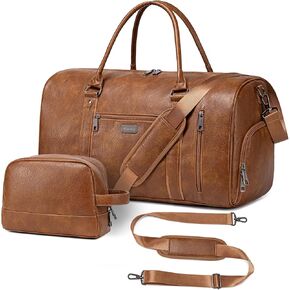 Large Leather Duffel Bag for Travel, Weekender Bag for Men or Women with Shoe Compartment, Waterproof Carry On Bag with Toiletry Bag, Travel Tote Bag with Luggage Strap (Black)