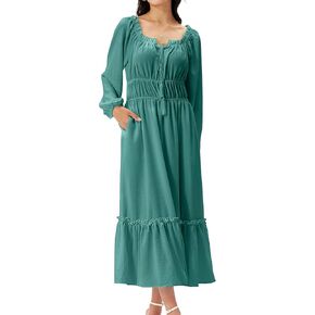 Women's Boho Maxi Dress 2025 Spring Long Puff Sleeve Square Neck A-Line Long Dress with Pockets Wedding Guest Dress