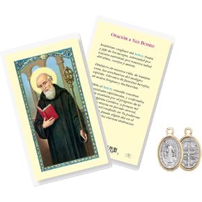 Trendzeen San Benito Medalla - Oracion de San Benito - 1 بوصة مصنوعة في إيطاليا ميدالية Saint Benedict ، بطاقة صلاة Saint Benedict الإسبانية - Medal St Benedict ، مجموعة بطاقات كاثوليكية - 2 عناصر إجمالية