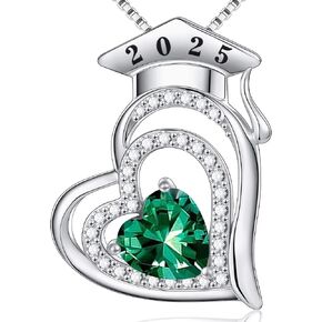 Graduation Gifts for Her 2025 - S925 Sterling Silver Class of 2025 Graduation Cap Heart Birthstone Necklace High School College Graduation Gifts for Her