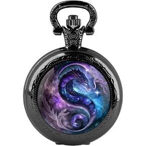 Purple Dragon Design Glass Dome Exquisite Black Quartz Pocket Watch with Arabic Numerals Dial and Chain Ideal Gift for Any Occasion, TP-128