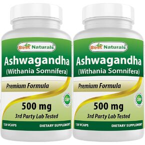 Best Naturals 2 Pack Ashwagandha Capsules for Relaxing Stress and Mood, 500 mg, 120 Count (Total 240 Capsules)