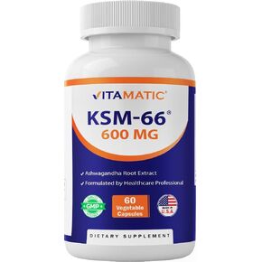 Vitamatic KSM-66 Ashwagandha Root Extract + Bioperine - 600mg, 60 Veggie Caps (1200 mg per 2 Capsules)