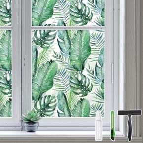 DKTIE INS Style Palm Leaf Turtle Back Leaf Decorative Window Privacy Film Sun Blocking Heat Control, Stained Glass Window Film Roll for Modern Home Decor (C560, 17.7 x 78.7 Inch)