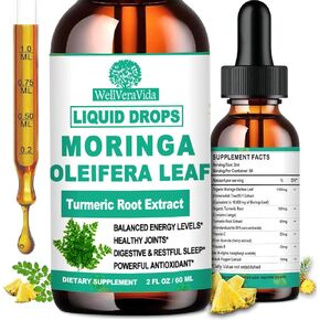 Organic Moringa Liquid Drops, Pure Moringa Oleifera Leaf Extract w. Turmeric, Black Pepper & Vitamin C E, Moringa Supplemens for Energy Antioxidant Skin Gut, More Potency Than Moringa Capsules Powder
