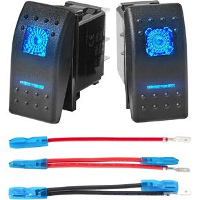 Anina 2PCS Rocker Switches 5Pin SPST 20A/12V 10A/24V ON/Off with 2 Set Jumper Wires, Dual Blue LED Light Waterproof Boat Marine Toggle Switch 2 Positions for Trucks Auto Motorcycle ATV UTV RV Camper