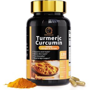 Turmeric Curcumin Supplement with Black Pepper and Ginger, Extra Strength Absorption, 95% Curcuminoids for Joint, Skin and Immune Support, Non-GMO, 2 Packs