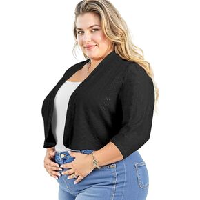 Lastshe Women's Plus Size Shrug Open Front 3/4 Sleeves Cropped Bolero Openwork Fabric Cardigan in Kuwait