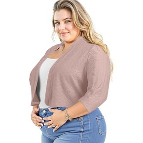 Lastshe Women's Plus Size Shrug Open Front 3/4 Sleeves Cropped Bolero Openwork Fabric Cardigan