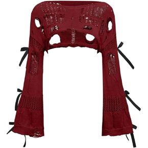 Women's Hollow Out Ripped Bow Sweater Bell Long Sleeve Cropped Crochet Shrug