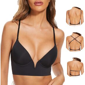 Low Back Bras-Seamless Deep-V Plunge Invisible Backless Bra-Underwire Lightly Lined Halter Multiway Low Cut Bra