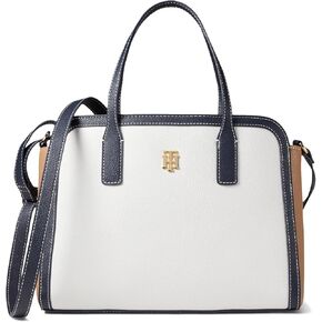 Tommy Hilfiger Liv II Convertible Satchel Color-Block Pebble PVC White Greige/Basket Brown/Tommy Navy One Size