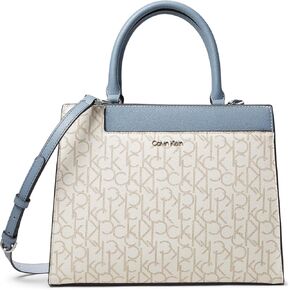 Calvin Klein Edie Triple Compartment Signature Satchel ، الفانيليا/الكاكي/الجليد/فلينتستون