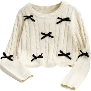 Floerns Girl's Cute Bowknot Pullover Tops Crew Neck Knit Long Sleeve Sweater