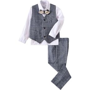 Boys Suit Plaid Stripes Suits for Boys 4 Piece Formal Wedding Outfit Slim Fit Suit Vest Pants Shirt Set with Bow Tie