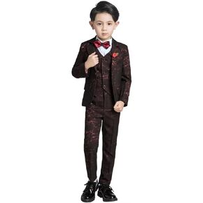 Boys Suit Floral Pattern 4 Piece Formal Suits for Boys Wedding Outfit Jacquard Suit Blazer Vest Pants Set with Bow Tie