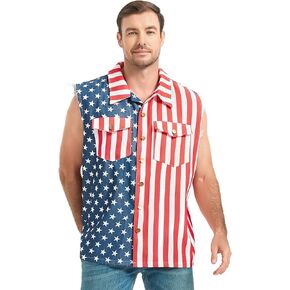American Flag Denim Vest for Men, 4th of July Patriotic Vintage Sleeveless Jean Jacket, Independence Day USA Casual Shirt