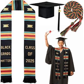 3 Pcs 2025 Graduation Stole Black Girl Kente Stole Set Class of 2025 African Grad Stoles with Cap Tassel and Honor Cord Women Graduation Sash for Adult College Unisex Grads Celebrate