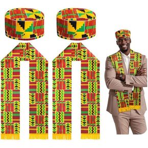 Wehhbtye 2 Set Kente Kufi Hat and Stole, African Pattern Sash Scarf with Men Hat, African Print Kente Clothing Accessory for Black History Month Kwanzaa Celebration Graduation Choir