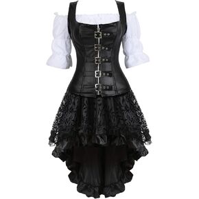 GREBRAFAN Steampunk Leather Corset Bustier Skirt Blouse مجموعة 3 قطع مشد مشددة النساء