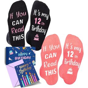 HAPPYPOP 7-12 Year Old Birthday Gifts - Socks for Kids Age 7-12, Birthday Gift for Boys Girls In 2 Pack with Greeting Card