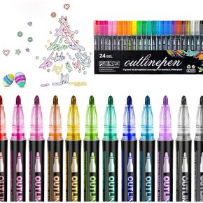 LOKIPA علامات لامعة مخطط خط مزدوج، 12 لونًا أقلام معدنية مجموعة علامات مخطط تفصيلي للأطفال الذين تتراوح أعمارهم بين 8-12 مجموعة أقلام لامعة لامعة لتحية عيد الميلاد، والحرف الفنية DIY، وحجز الخردة in Kuwait