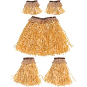 Hawaiian Grass Skirt Set Elastic Arm and Leg Bands Hawaiian Fancy Grass Skirt Performance Costume Set for Party Beach Dance Fancy Dress (Brown)
