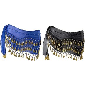 2 Pieces Belly Dance Hip Scarf, Belly Dancing Skirt with 128 Gold Coins, Belly Dance Hip Skirt, Belly Dancing Skirt Hip Scarves, for Belly Dance Yoga Class, Women (Black, Blue)