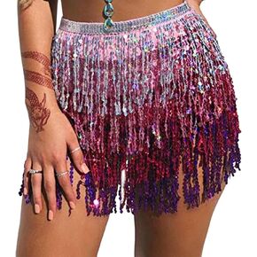 Women Sequins Belly Dance Skirt Rave Outfits Glitter Tassel Fringe Hip Scarf High Waist Shinny Party Mini Skirts