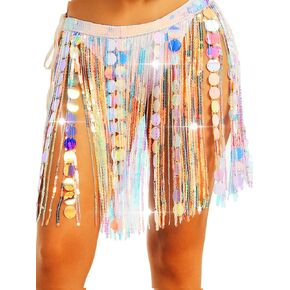 Aukmla Women Sequin Belly Dance Skirt Sparkly Dots Fringe Hip Scarf Festival Rave Tassel Skirts