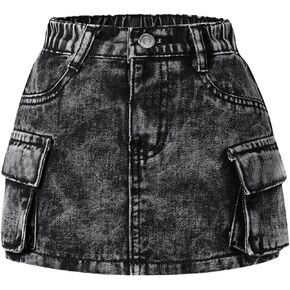 WDIRARA Girl's Cargo Denim Mini Skirt High Elastic Waisted Jean A Line Bodycon Casual Skirts with Pockets
