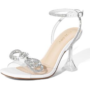 Women's Rhinestone Bow Heels Square Toe Clear Heeled Sandals Slingback High Heels Dress Party Evening Wedding Crystal Shoes in Kuwait