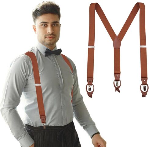 Mens Suspenders，Brown Leather Button Tab and Clip Braces Vintage Suspender for Men Wedding Suspenders for Groom Groomsmen in Saudi Arabia
