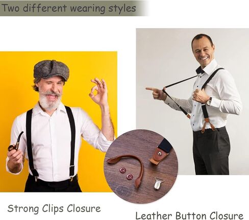 Mens Suspenders，Brown Leather Button Tab and Clip Braces Vintage Suspender for Men Wedding Suspenders for Groom Groomsmen in Saudi Arabia