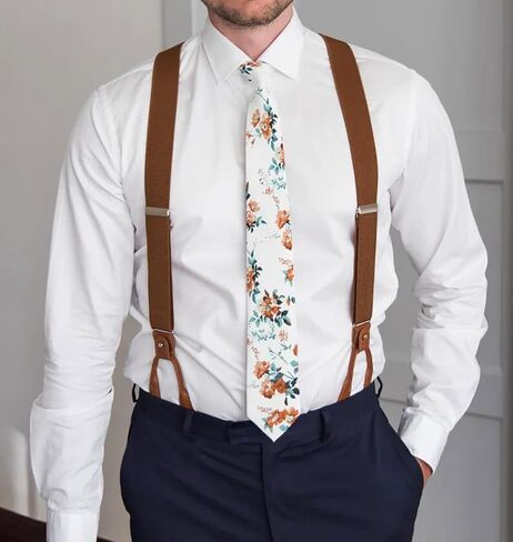 Mens Suspenders，Brown Leather Button Tab and Clip Braces Vintage Suspender for Men Wedding Suspenders for Groom Groomsmen in Saudi Arabia