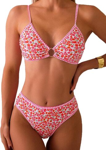 Fanuerg Women's Triangle Bikini Sets O Ring Linked Two Piece Swimsuits Floral Printed Cheeky Bathing Suit in Saudi Arabia
