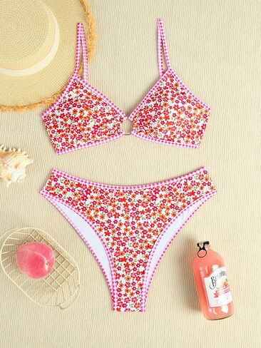 Fanuerg Women's Triangle Bikini Sets O Ring Linked Two Piece Swimsuits Floral Printed Cheeky Bathing Suit in Saudi Arabia
