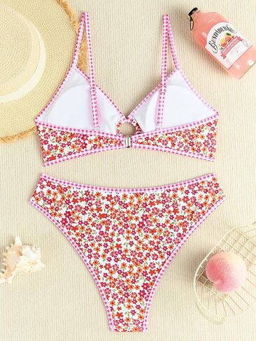 Fanuerg Women's Triangle Bikini Sets O Ring Linked Two Piece Swimsuits Floral Printed Cheeky Bathing Suit in Saudi Arabia